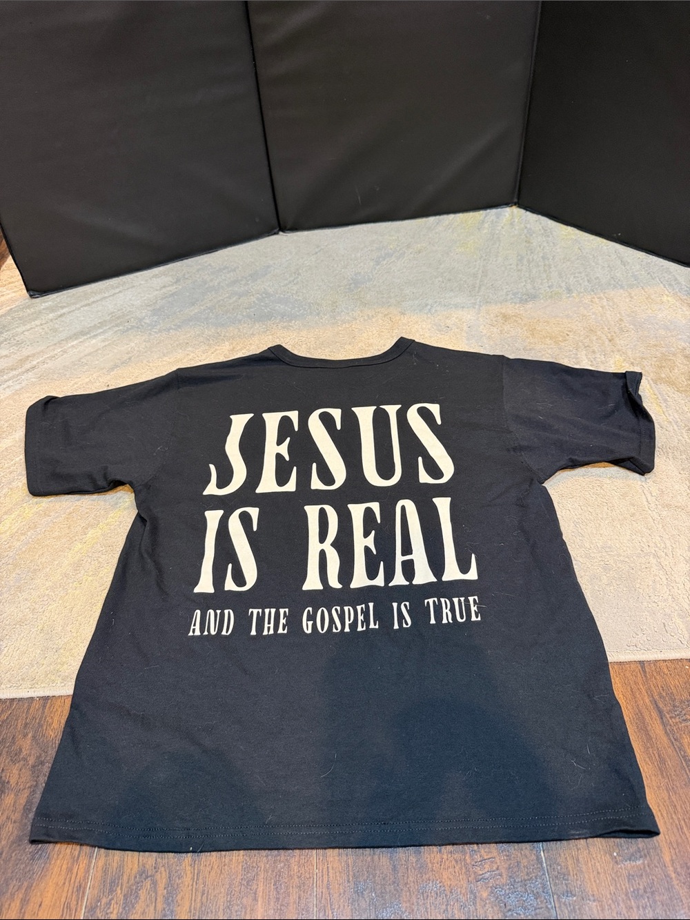 Champion Black Tee with White "Jesus Is Real" Gospel Graphic size M EUC